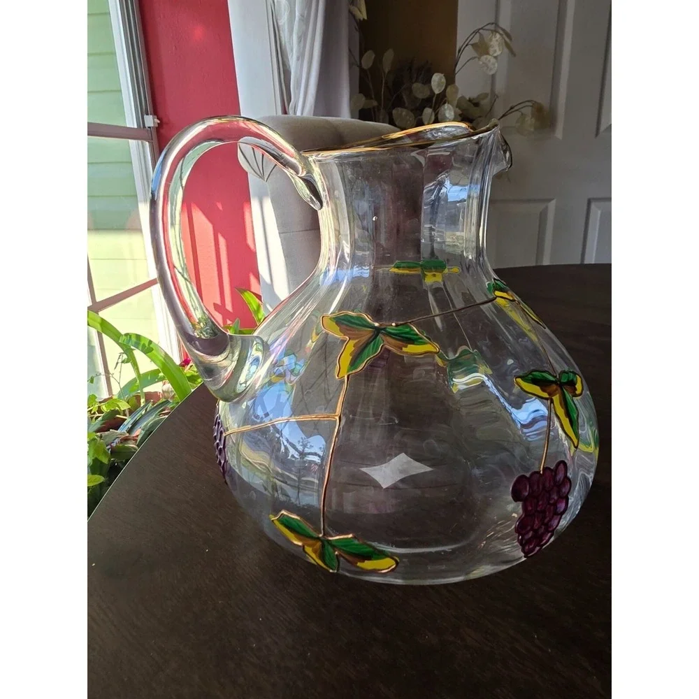 Hand-Painted Glass Pitcher With Grapes & Leaves Design made in Romania